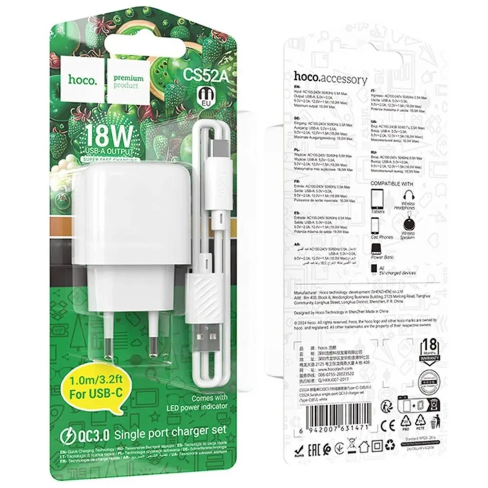 CARGADOR+CABLE USB-A CS52A BLANCO HOCO