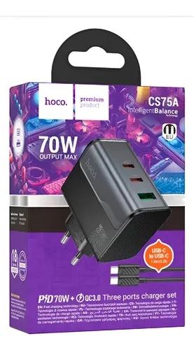 CS75A CARGADOR+ CABLE T-C A T-C 2EN1 NEGRO 70W