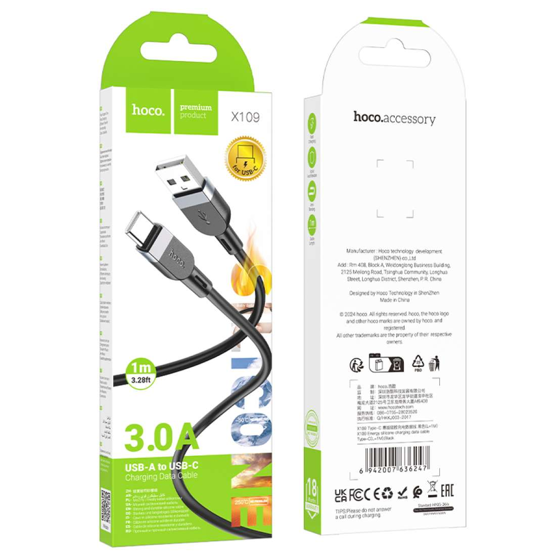 X109 CABLE USB-A A T-C NEGRO 3.0A L=1M