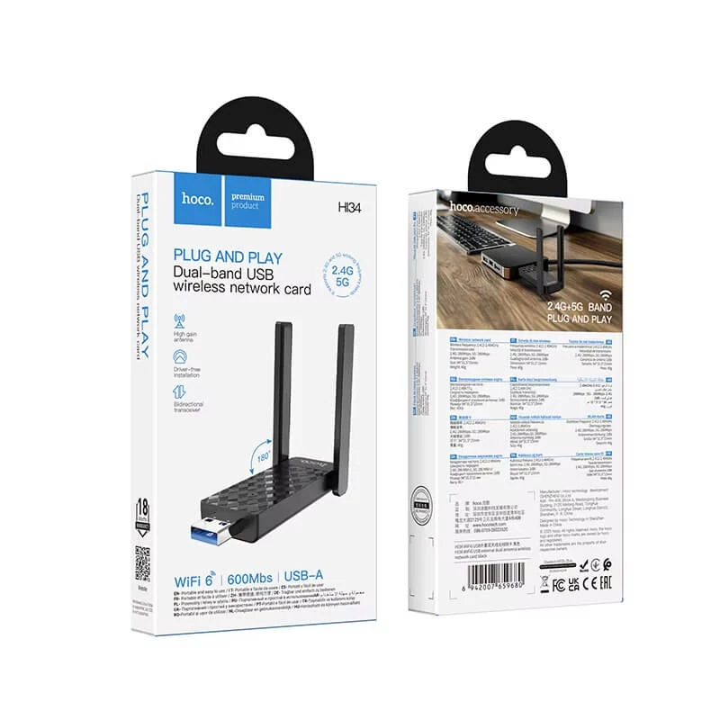 HI34 ADAPTADOR USB WI-FI 6 DOBLE BANDA 2.4/5GZ CON DOBLE ANTENA