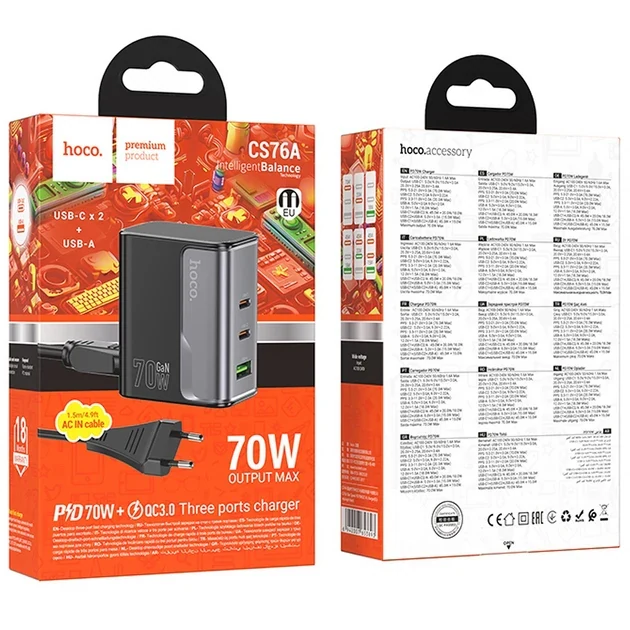 CS76A ESTACION DE CARGA 70W GAN(2 TIPO-C+USB) STAR SPEED NEGRO